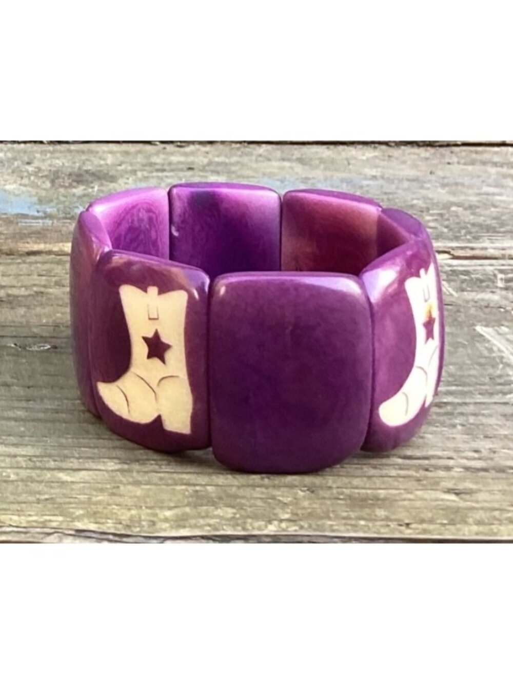 Wide Purple Tagua Panel Stretch Bracelet Carved Cowboy Boot Motif Festival Wear - Picture 5 of 6